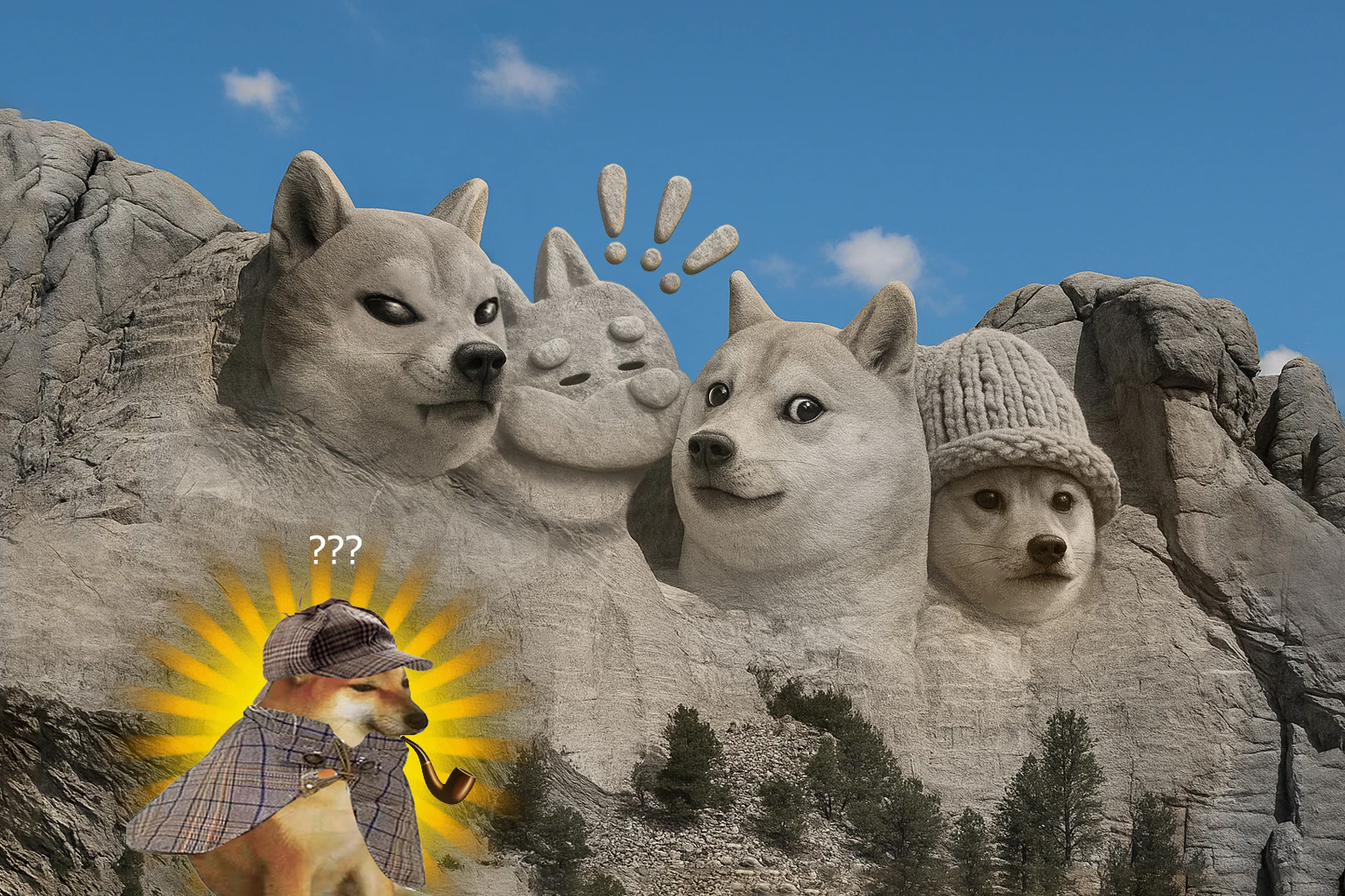 The official pipedog.xyz collage of four meme dogs carved into a mountain